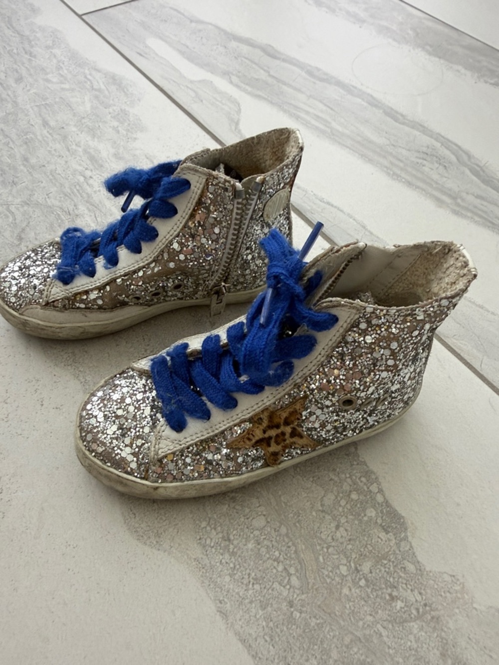 Golden Goose Kids Silver Glitter High-Top Sneakers with Blue Laces